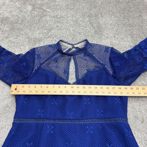 Ever New Melbourne Lace Mesh Mini Dress Womens 12 Blue Bell Sleeve Backless - Picture 12 of 14